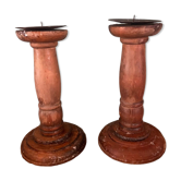 Pair of vintage turned wooden candle holders
