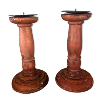 Pair of vintage turned wooden candle holders