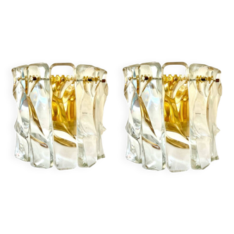 Venini wall lights ice frost glass large model gilding structure, Italy 1970