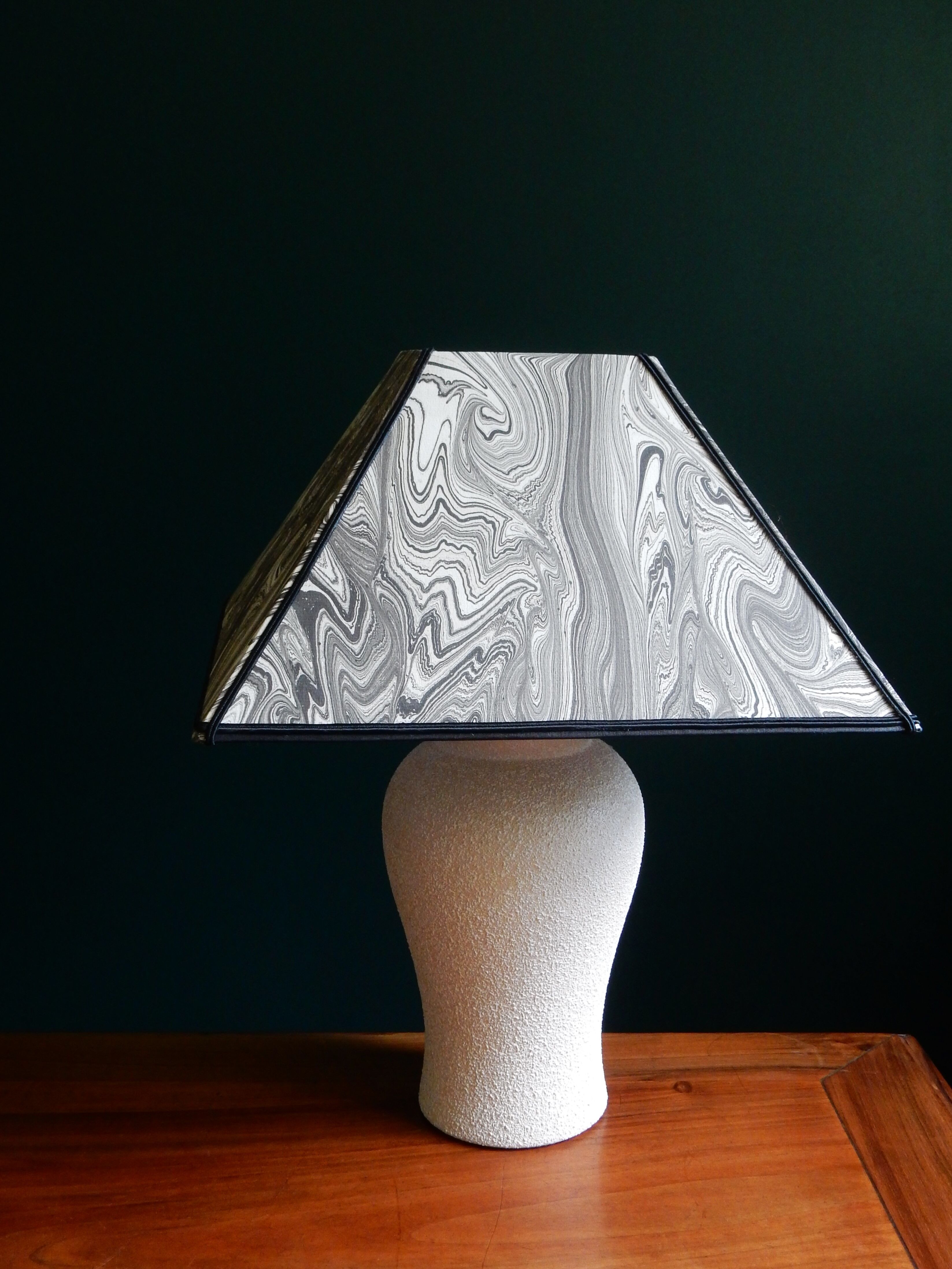 Vintage granite foot lamp and pyramid lampshade in marbled paper
