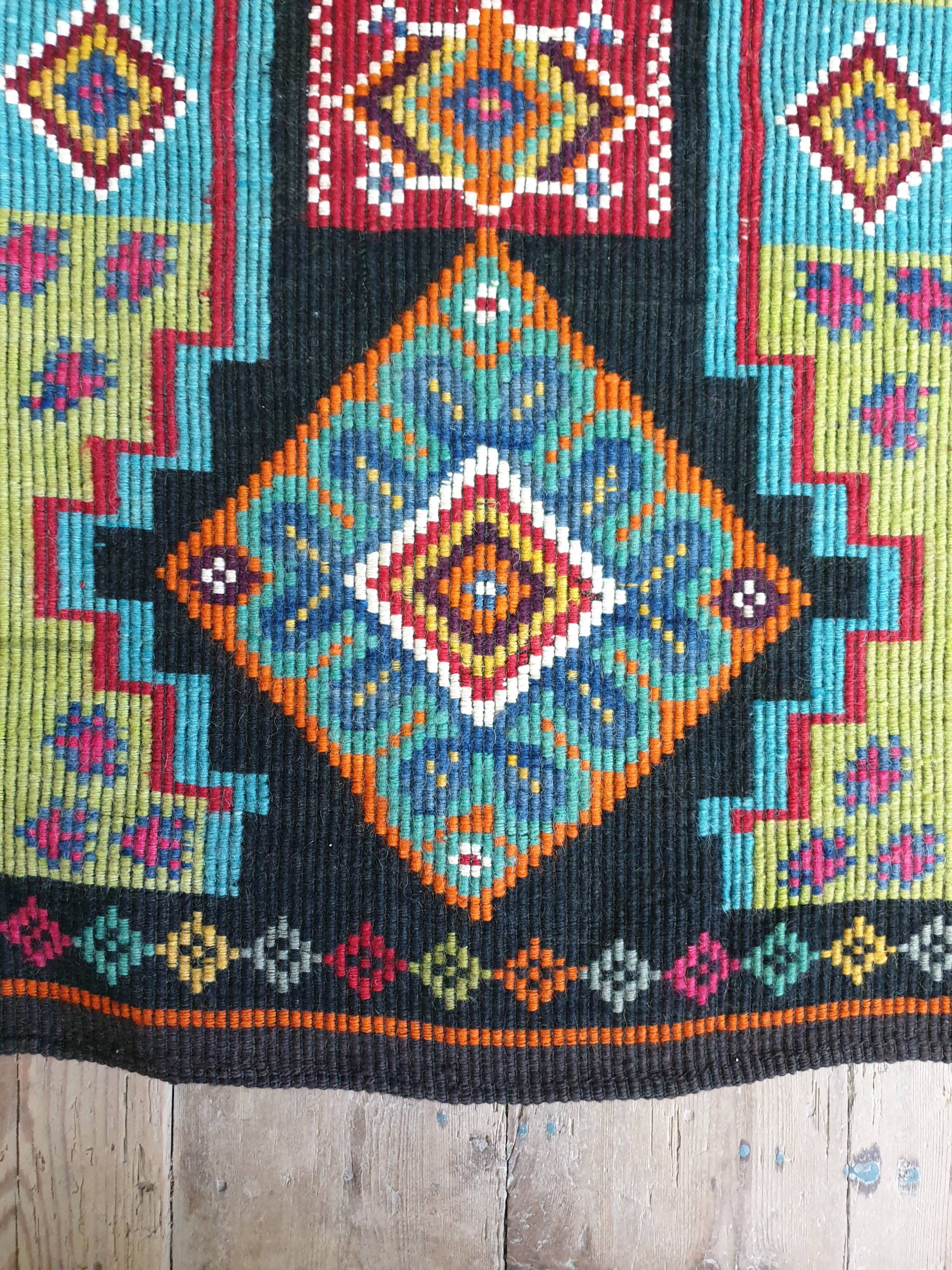 Handwoven vintage accent geometrical rug, colorful wool, Romanian carpet 220x146cm