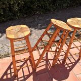 Set of 3 high “modernist” straw stools vintage 1950s