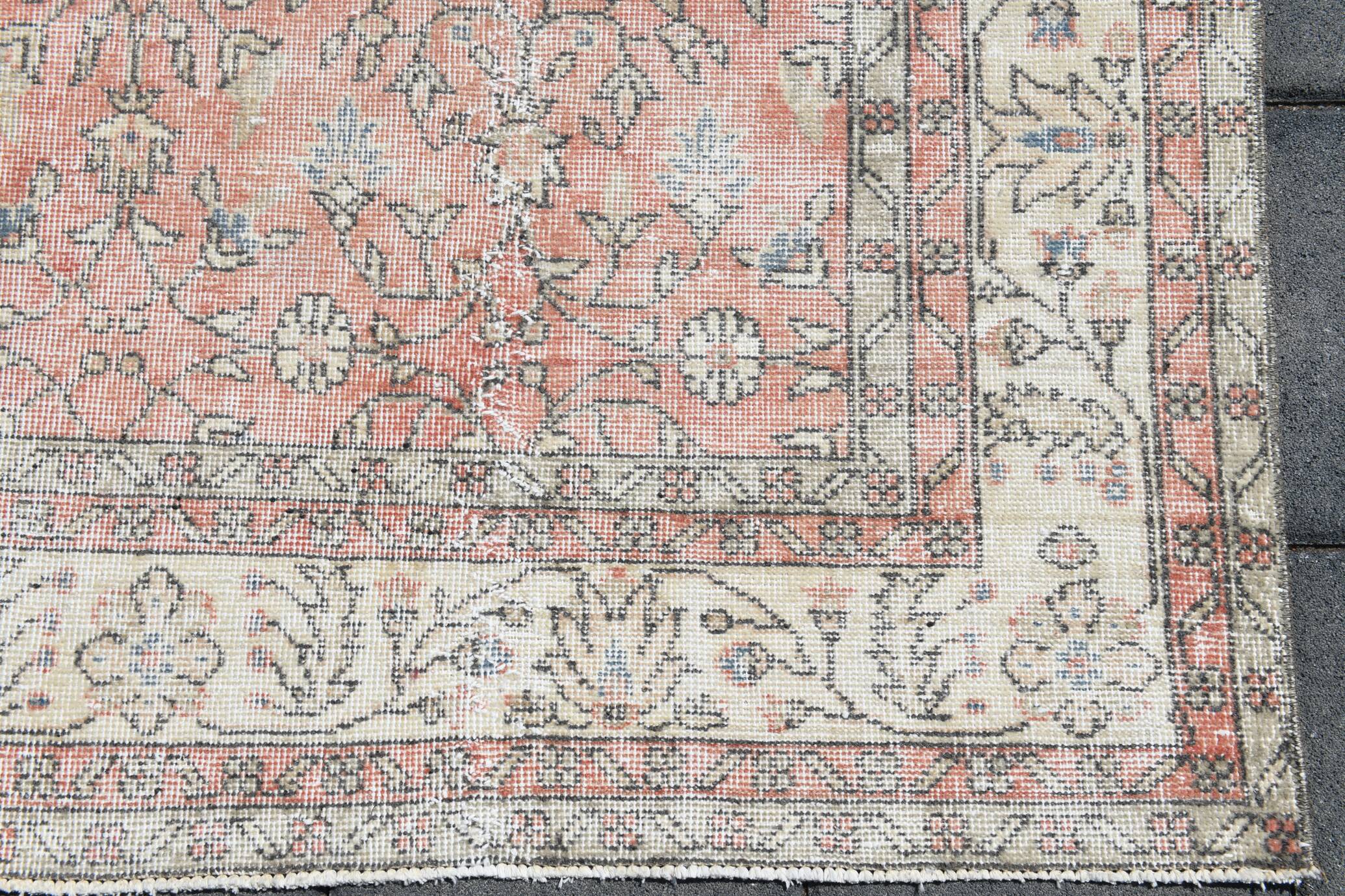 Soft Pink Oversize Vintage Turkish Floral Carpet Rug, 219x313 Cm