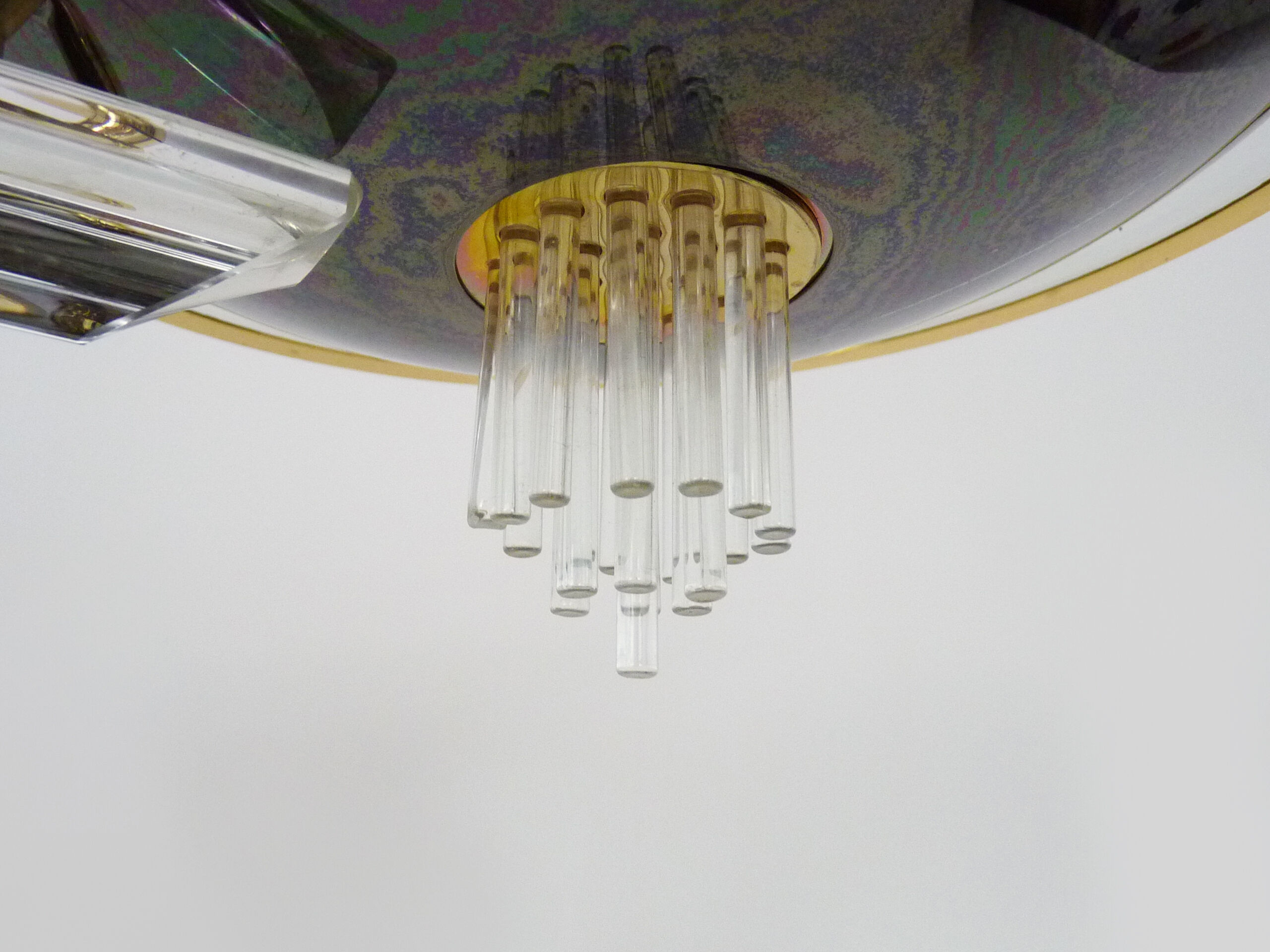 Venini-style halogen chandelier with two arms in brass, anthracite metal and glass. Eighties