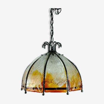 Brutalist mid century pendant lamp wrought iron and murano glass 60s 70s