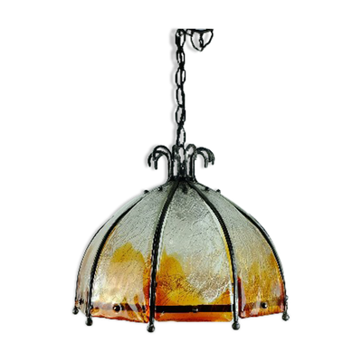 Lampe suspendue brutaliste du milieu du siècle en fer forgé et verre de Murano des années 60-70.
