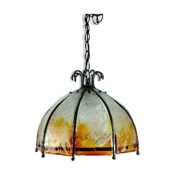 Lampe suspendue brutaliste du milieu du siècle en fer forgé et verre de Murano des années 60-70.