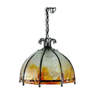 Brutalist mid century pendant lamp wrought iron and murano glass 60s 70s
