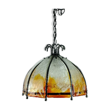 Lampe suspendue brutaliste du milieu du siècle en fer forgé et verre de Murano des années 60-70.