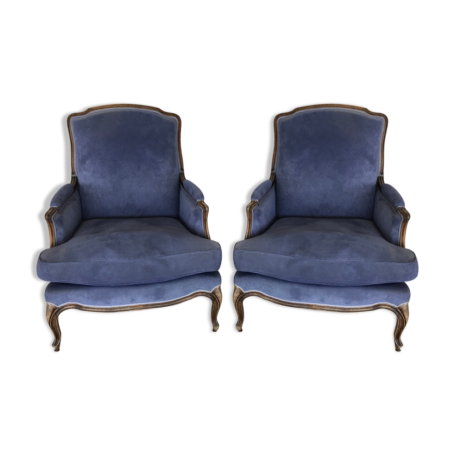 Pair of Louis XV-style shepherdesses in wood and suede fabric