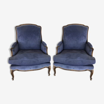 Pair of Louis XV-style shepherdesses in wood and suede fabric