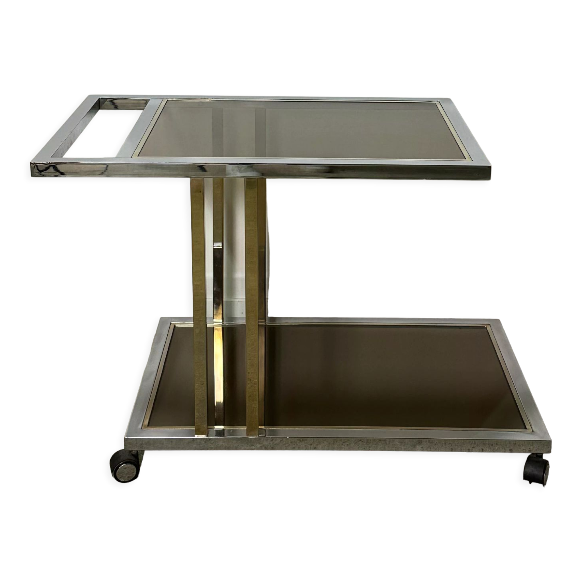 Belgo chrome serving cart/rolling table in chromed and gold-plated brass, 70s