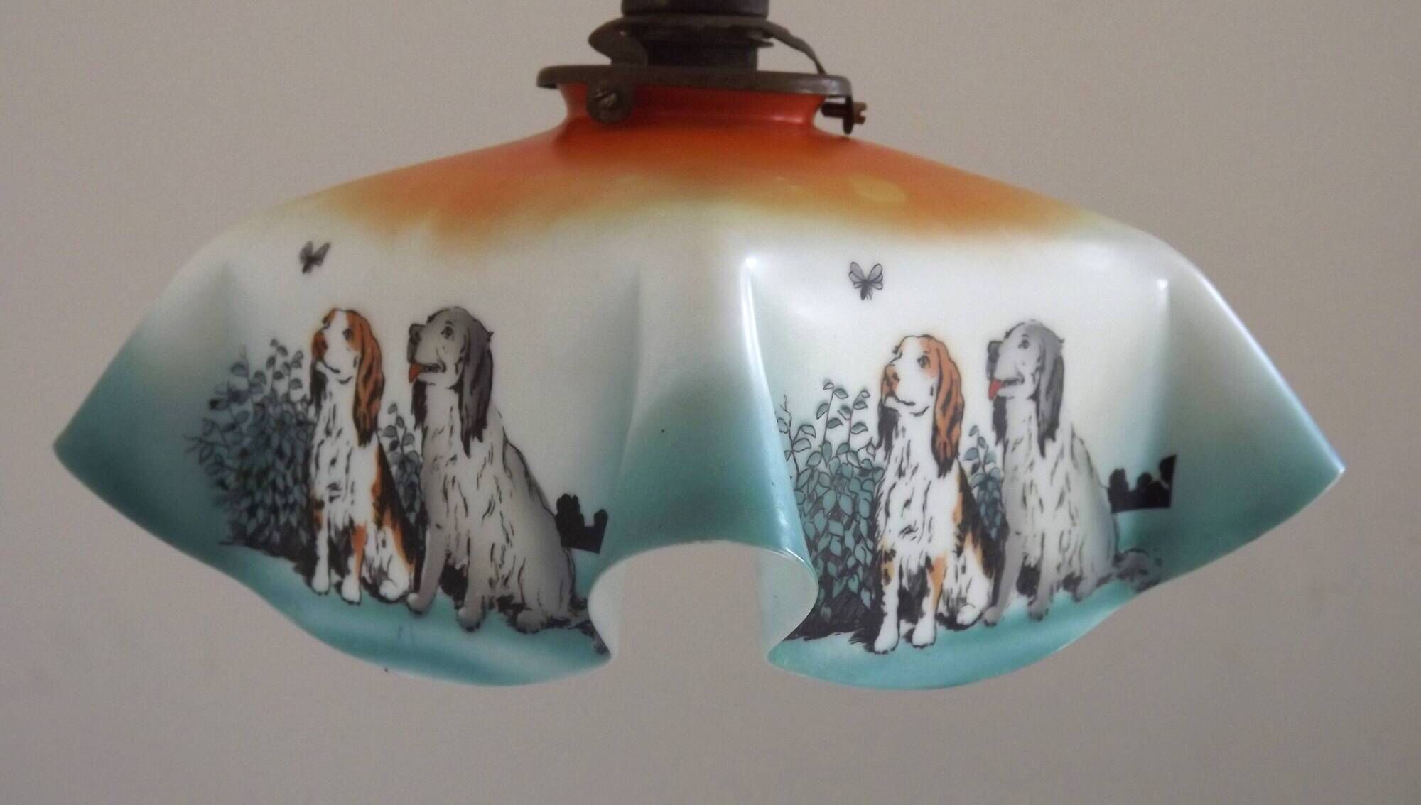 Rare French Art Deco Pendant Light | Illustrated Dog Countryside Shade