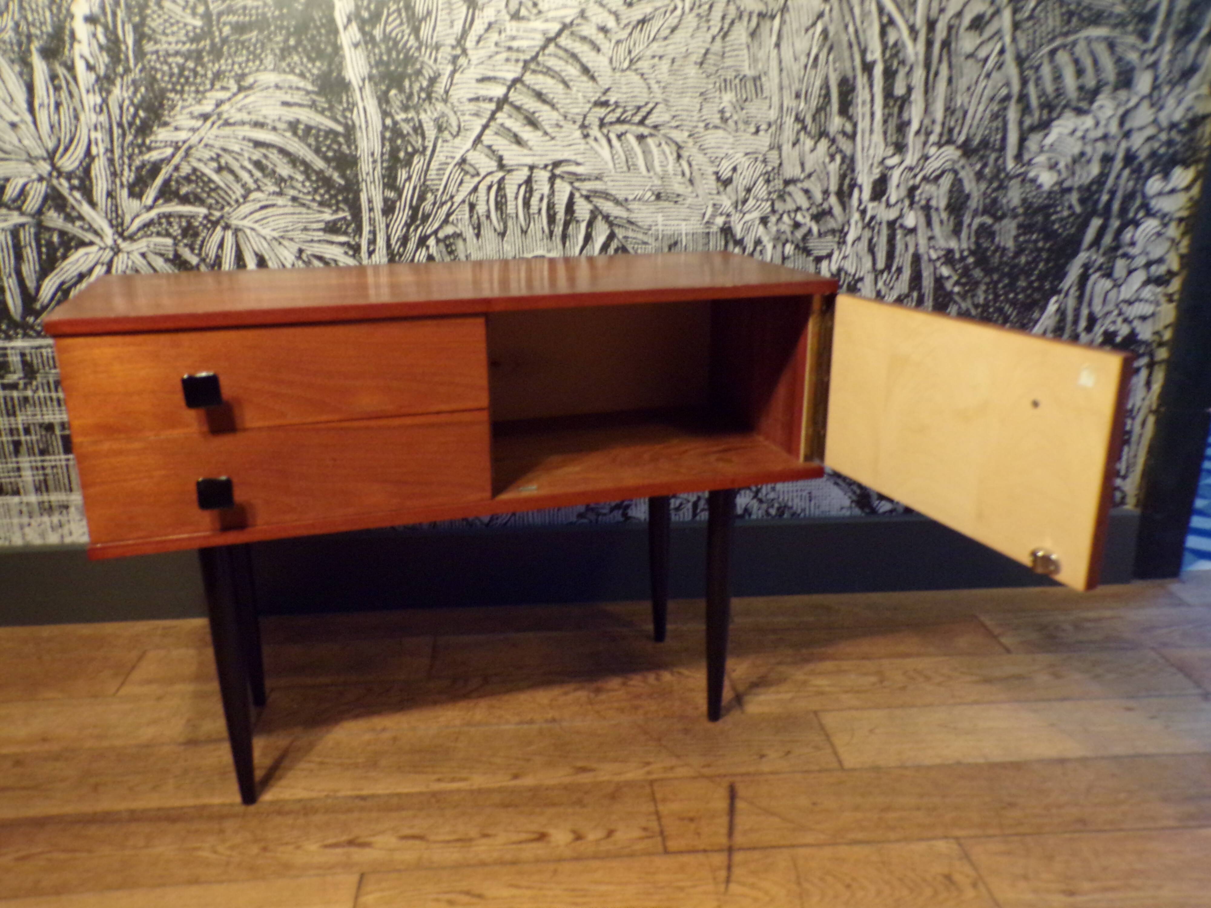 Mini teak sideboard with one door and two drawers