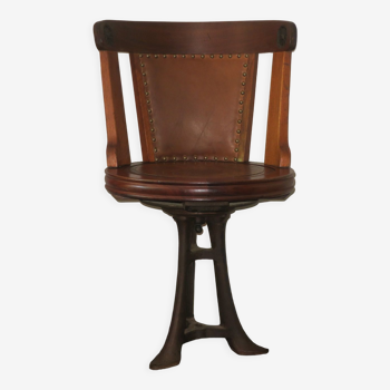 Antique nautical revolving desk chair in teak, iron and leather
