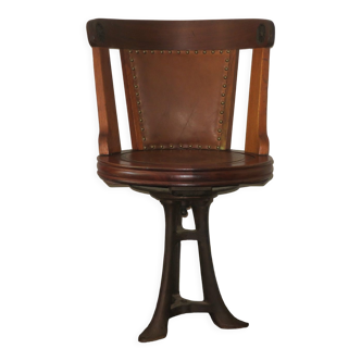 Antique nautical revolving desk chair in teak, iron and leather
