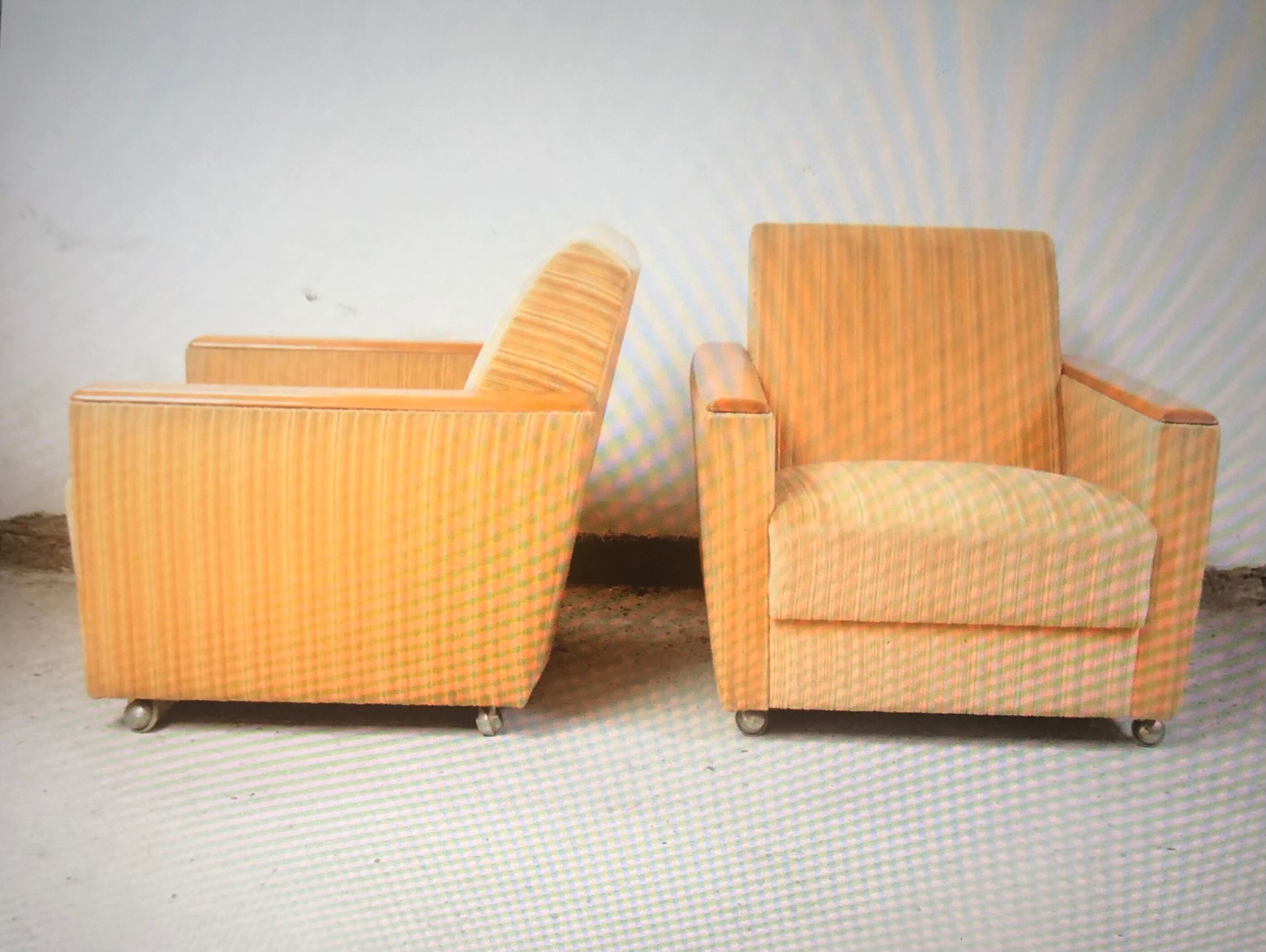 Yellow velvet armchairs and vintage wood 60s