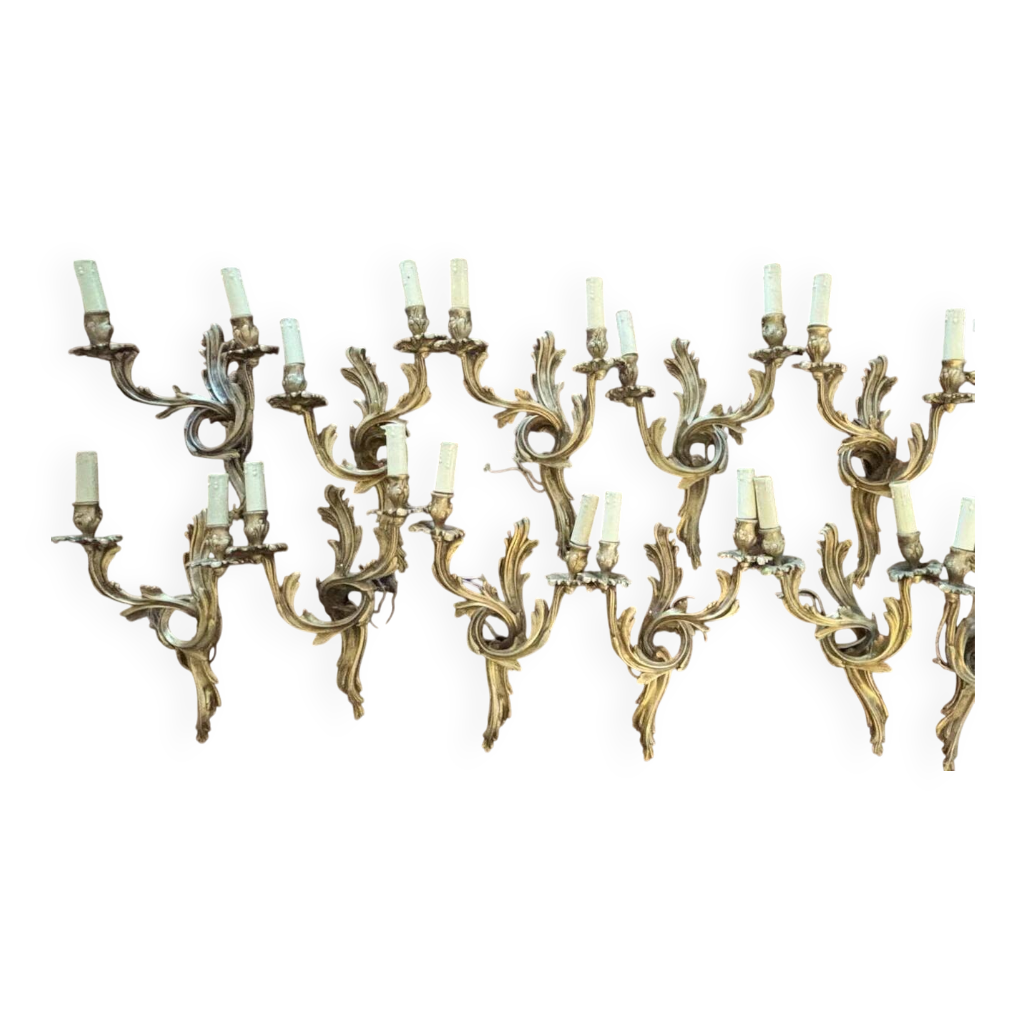 Set of 5 pairs of Louis XV style gilt bronze wall lights + bulbs