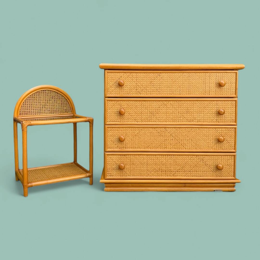 Chest of drawers and bedside table in rattan cane and oak, vintage 1970s