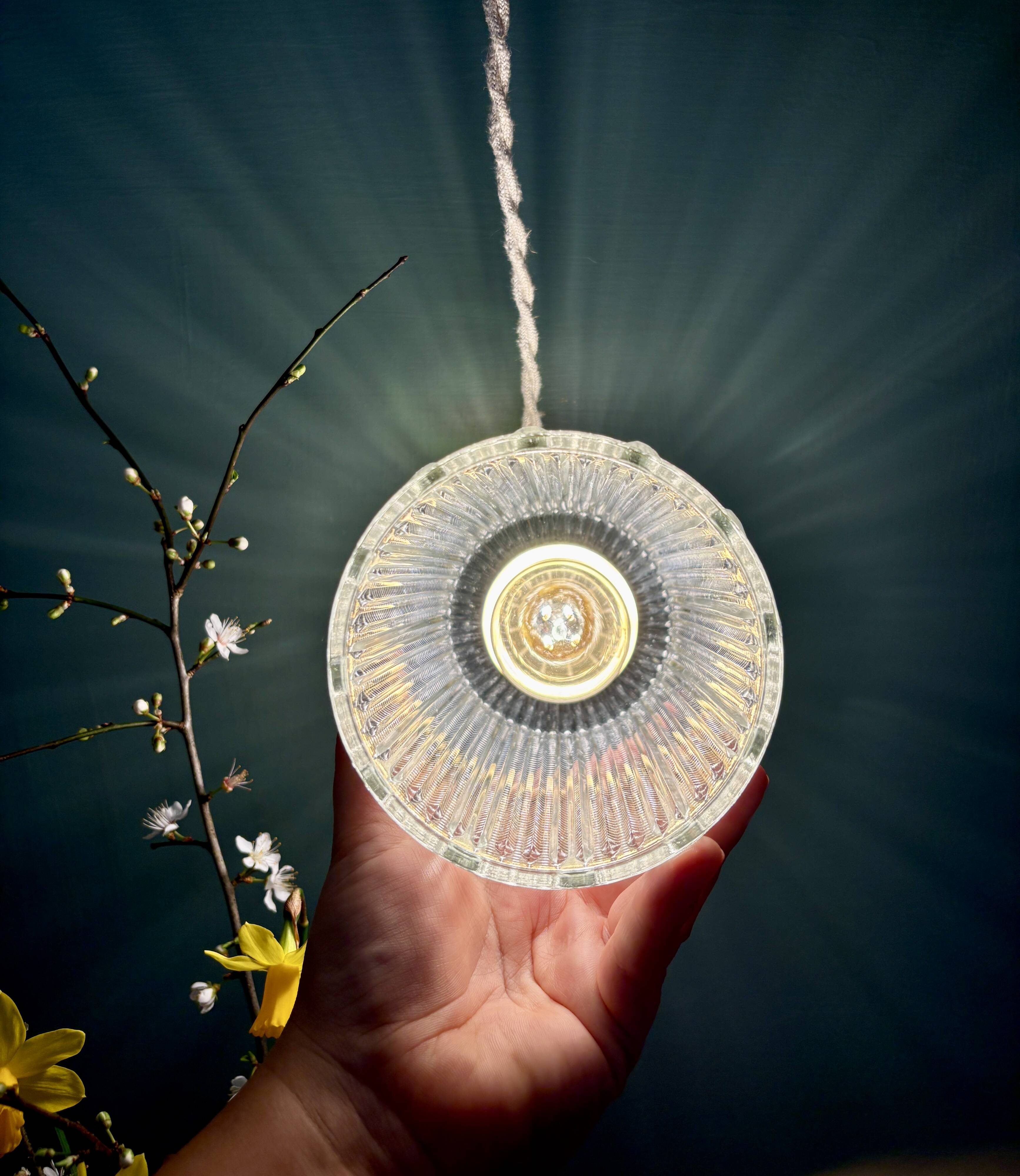 Vintage tulip suspension in holophane glass