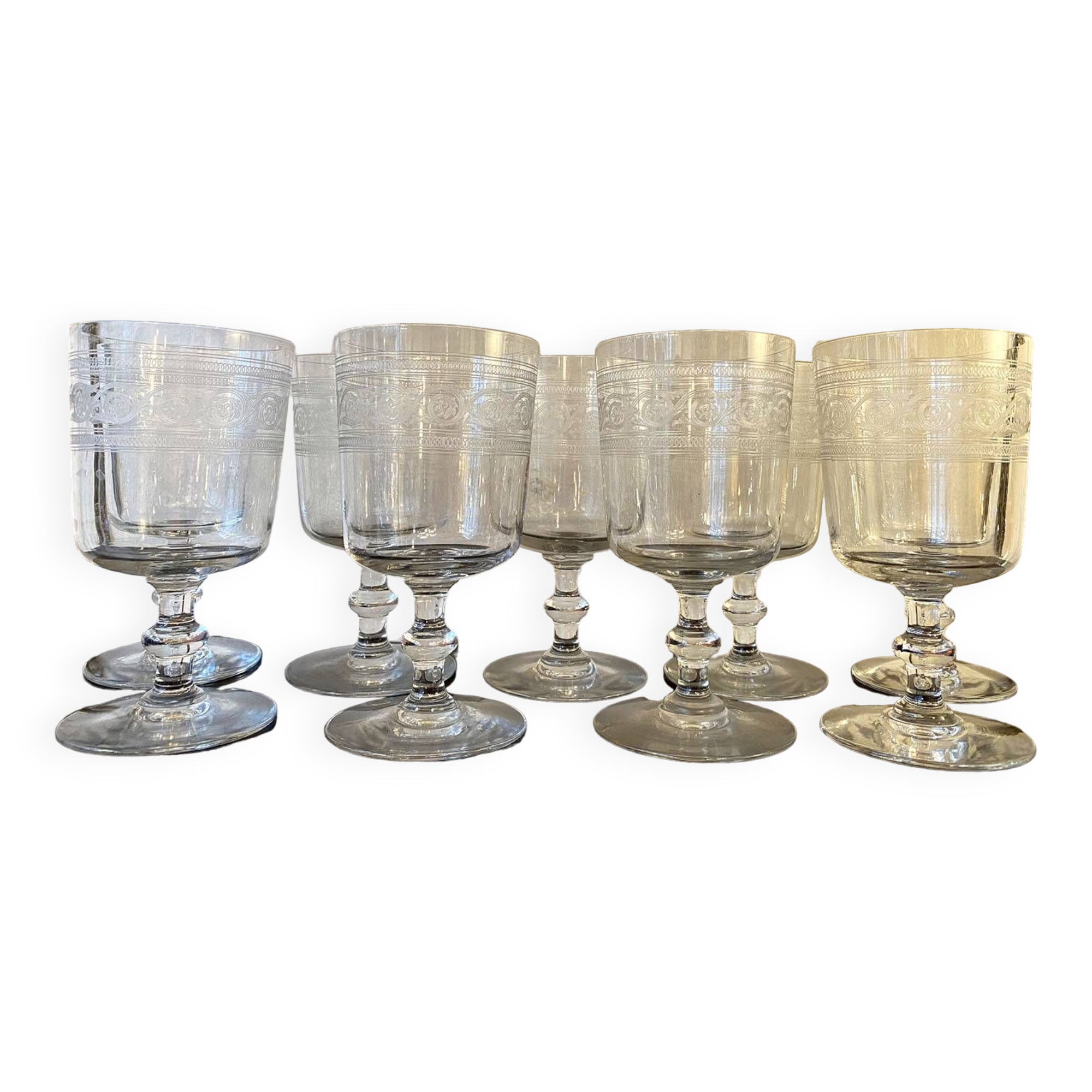 9 Baccarat crystal wine glasses, Athenian engraving