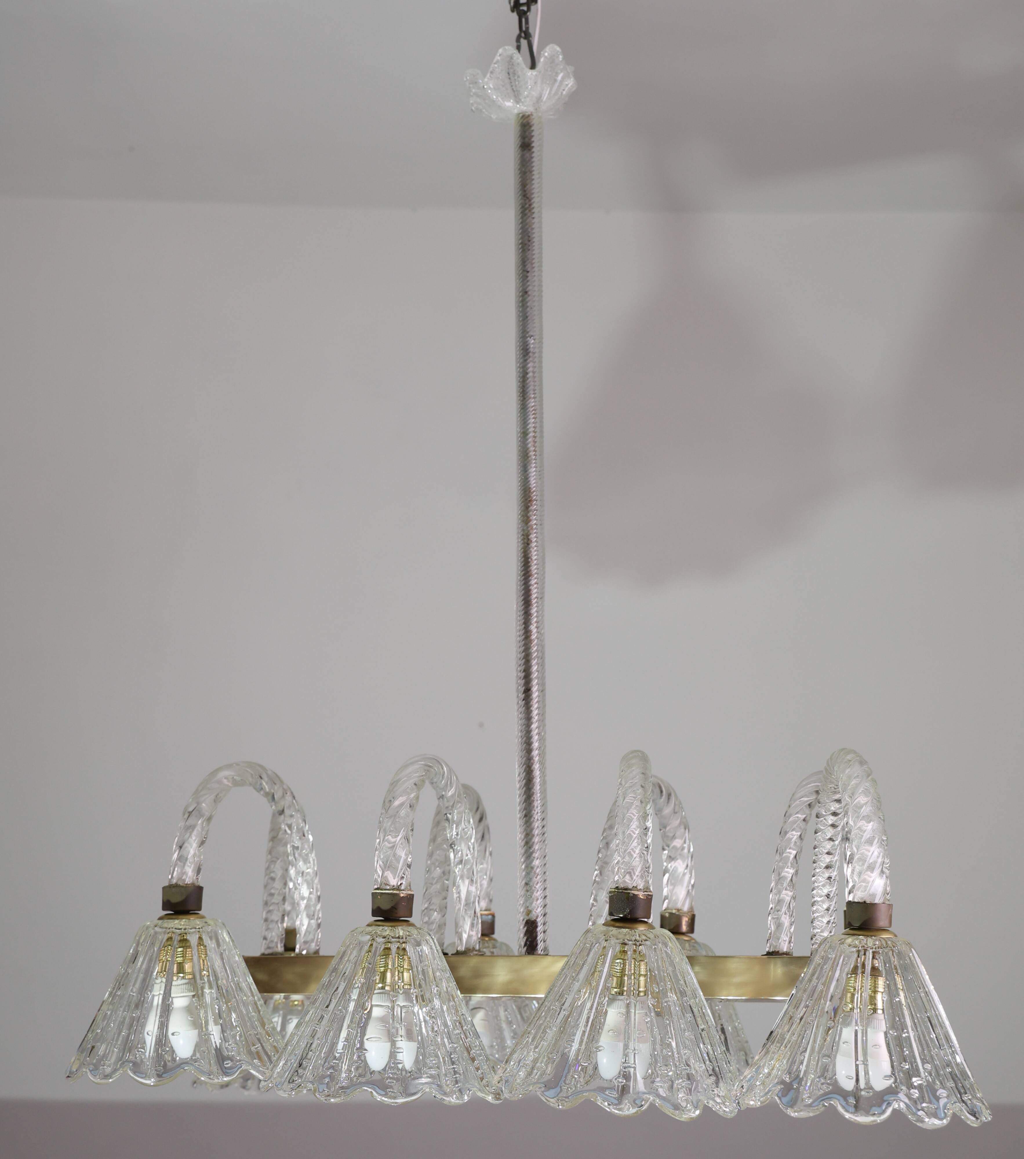 Museal 8 Light Art Decò Barovier e Toso Chandelier, Murano "Bubble" Glass,