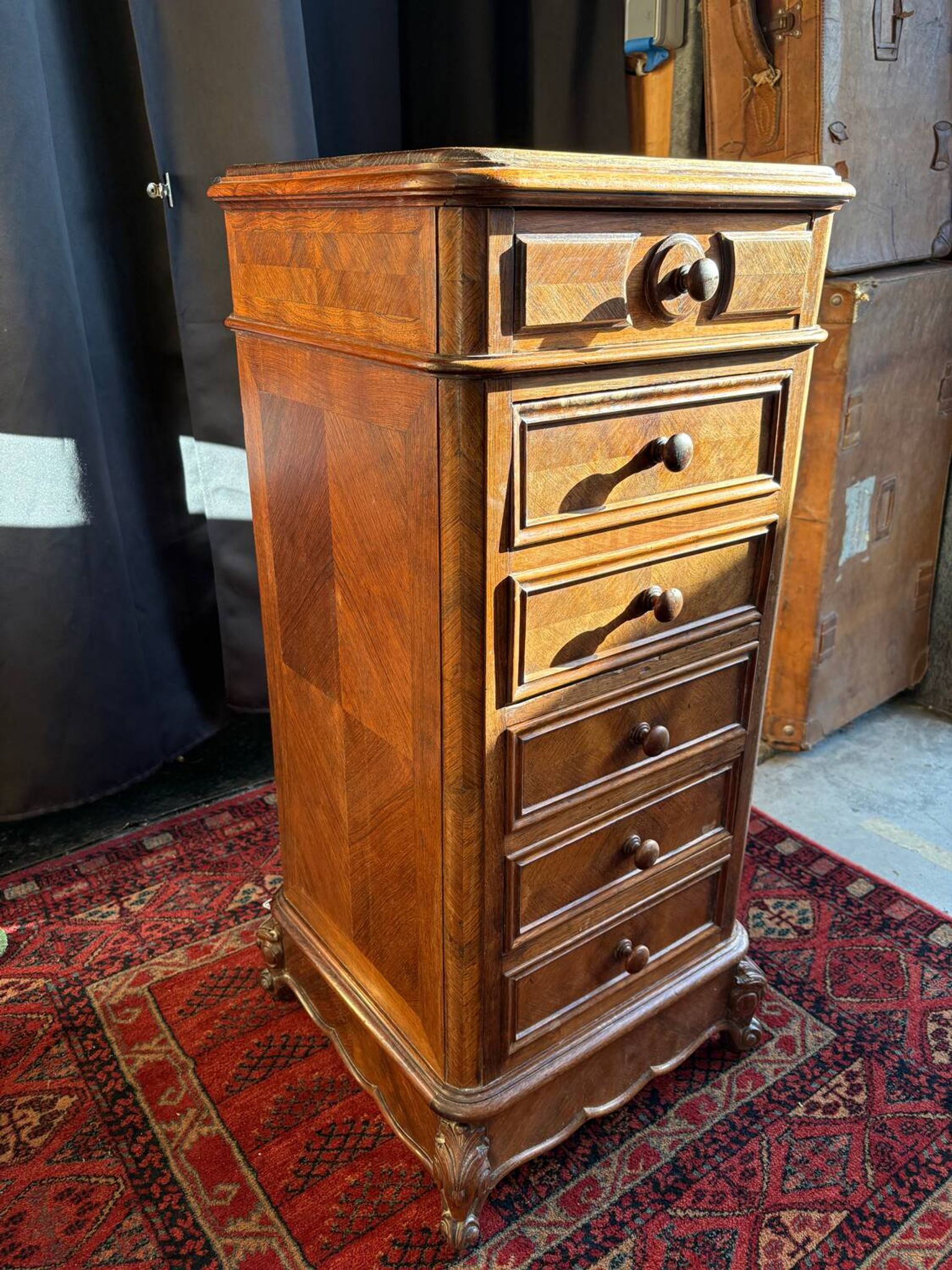 Antique Louis XV style bedside table, marble niche, marquetry, late 19th century