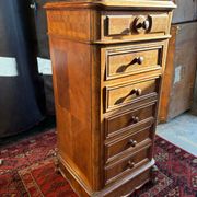 Antique Louis XV style bedside table, marble niche, marquetry, late 19th century