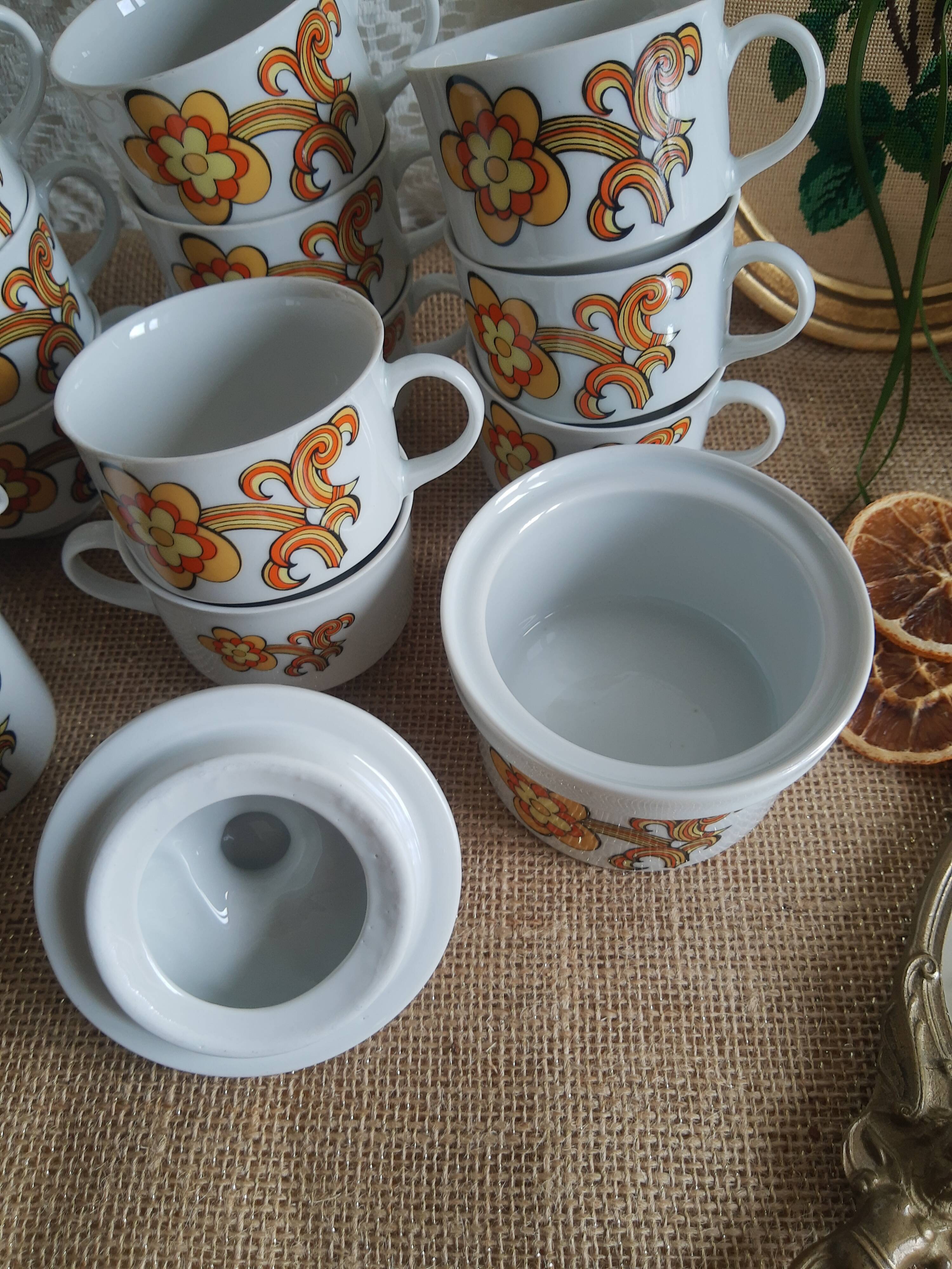 Set 11 coffee cups, sugar bowl and milk pitcher Wunsiedel Bavaria vintage