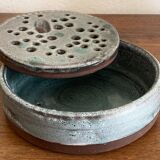 Vintage celadon blue glazed stoneware flower vase signed Pierlot at Ratilly