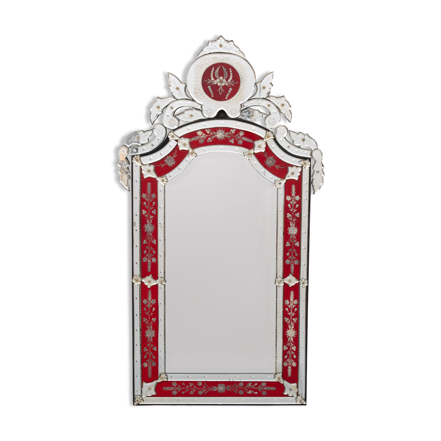 Large Vintage Venetian Red Glass Etched Wall Mirror