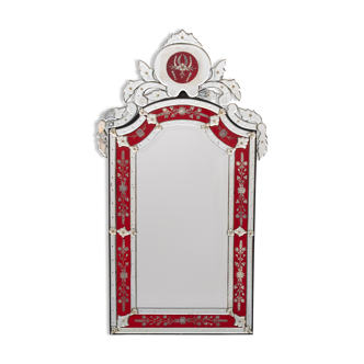 Large Vintage Venetian Red Glass Etched Wall Mirror