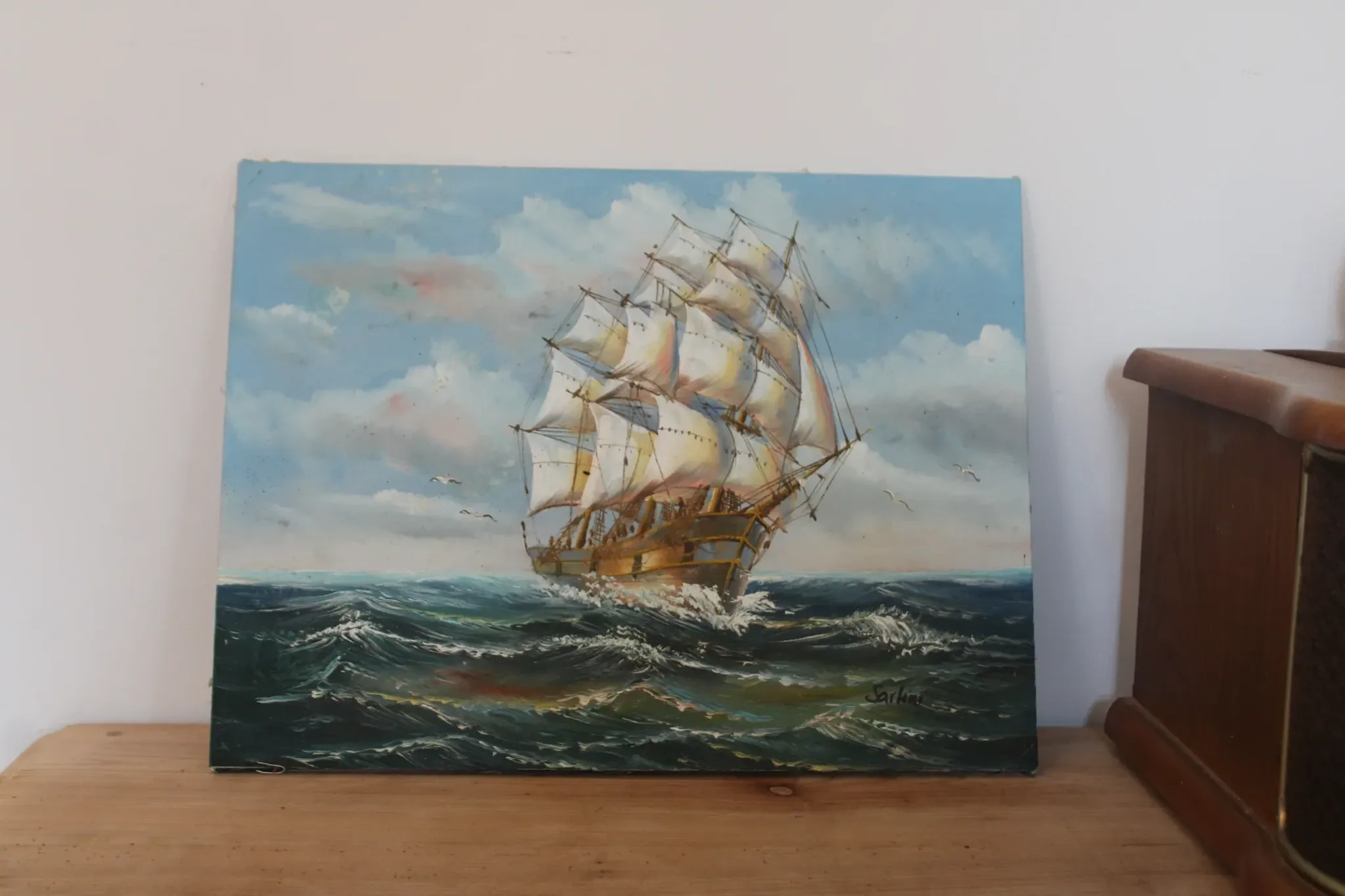 Marine painting on canvas signed "Sartini" – Large sailing ship at sea – 40 × 30 cm