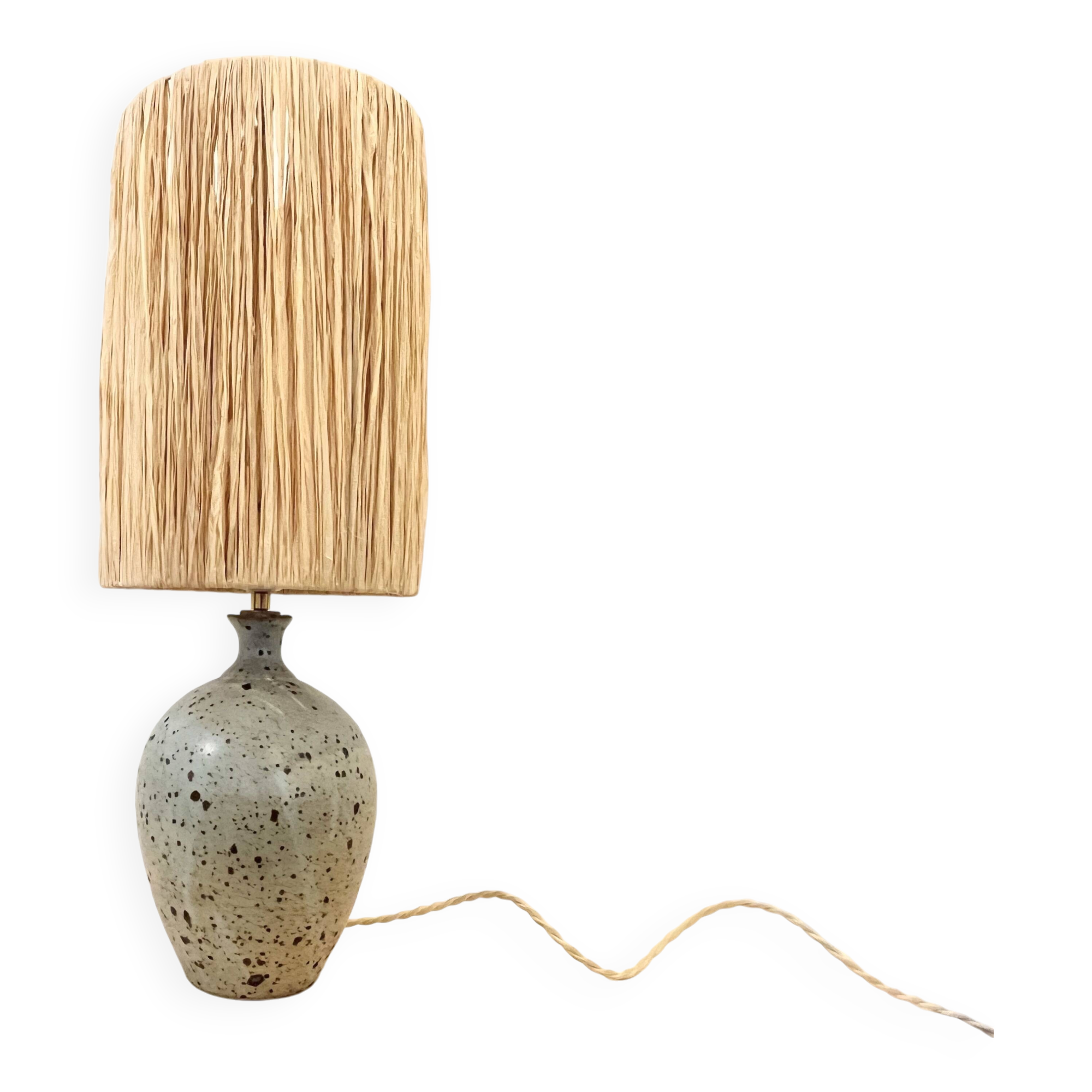 XXL Vintage Lamp Base in Beige Grey Stoneware with Raffia Lampshade 1970