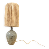 XXL Vintage Lamp Base in Beige Grey Stoneware with Raffia Lampshade 1970