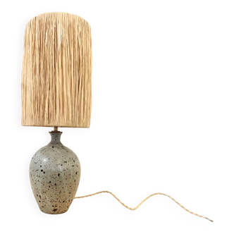 XXL Vintage Lamp Base in Beige Grey Stoneware with Raffia Lampshade 1970
