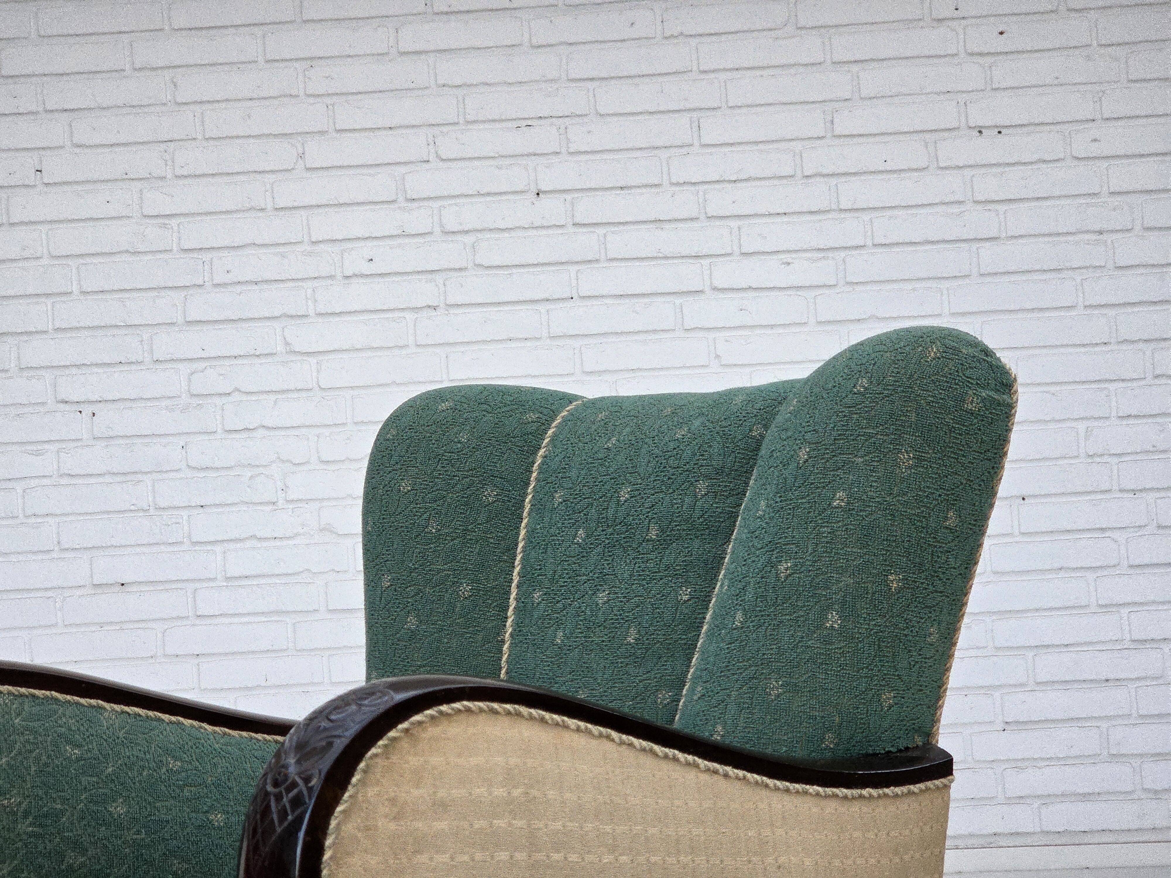 1960s, Danish armchair, green and beige furniture wool.