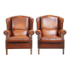 Set of 2 English style sheepskin leather wingback armchairs