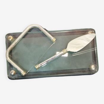 Old foie gras service 3 pieces in glass and steel: lyre, tray, shovel glass tray: 12x