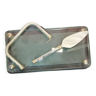 Old foie gras service 3 pieces in glass and steel: lyre, tray, shovel glass tray: 12x