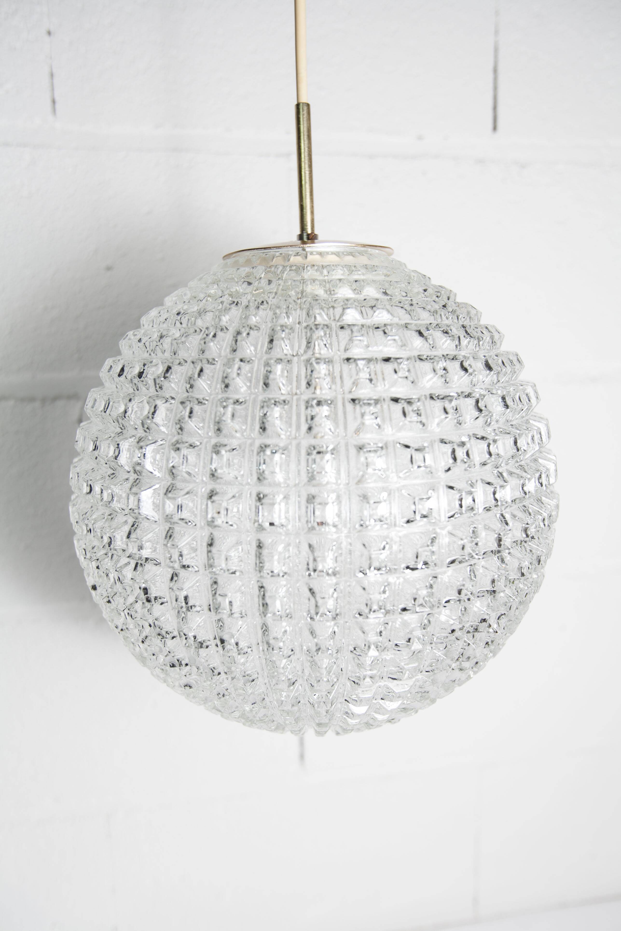 1960s Holophane Ball Pendant Chandelier, Thick Glass, 30 cm, and Vintage Brass