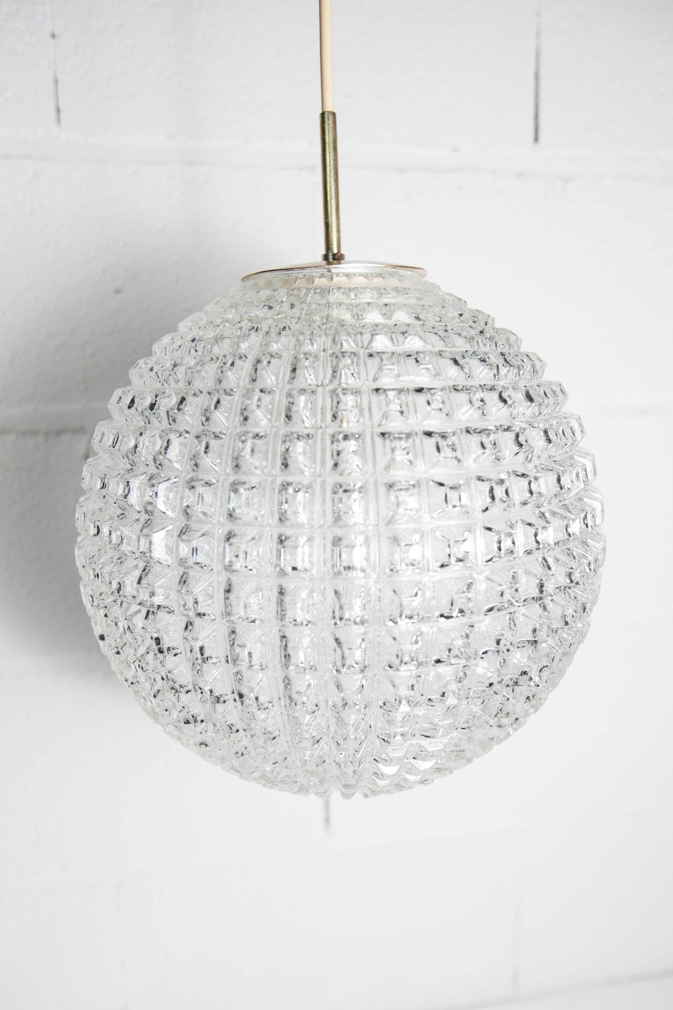 1960s Holophane Ball Pendant Chandelier, Thick Glass, 30 cm, and Vintage Brass