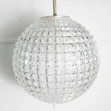 1960s Holophane Ball Pendant Chandelier, Thick Glass, 30 cm, and Vintage Brass