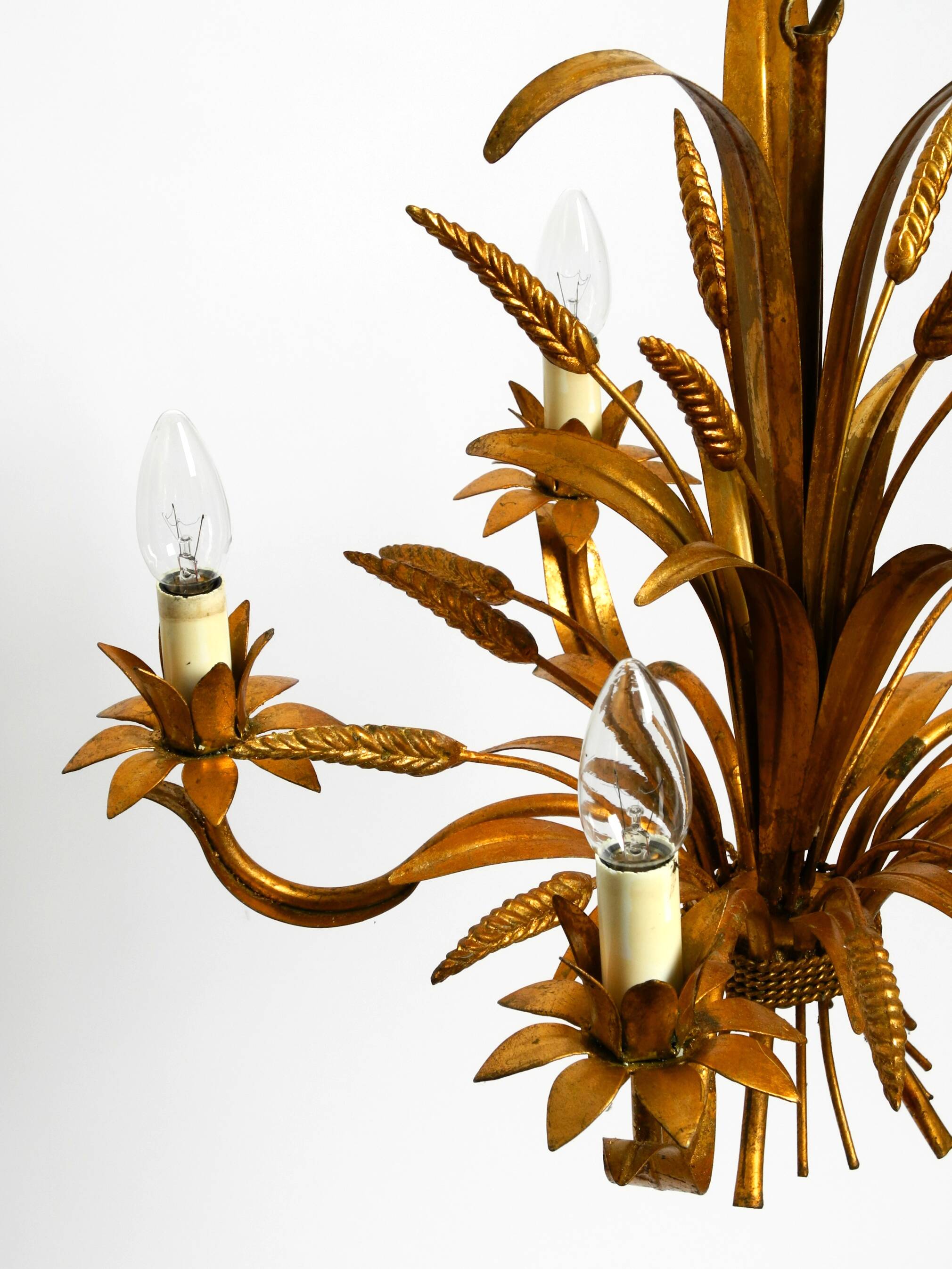 Beautiful 1970s gold-plated 5-arm tall metal chandelier by Hans Kögl