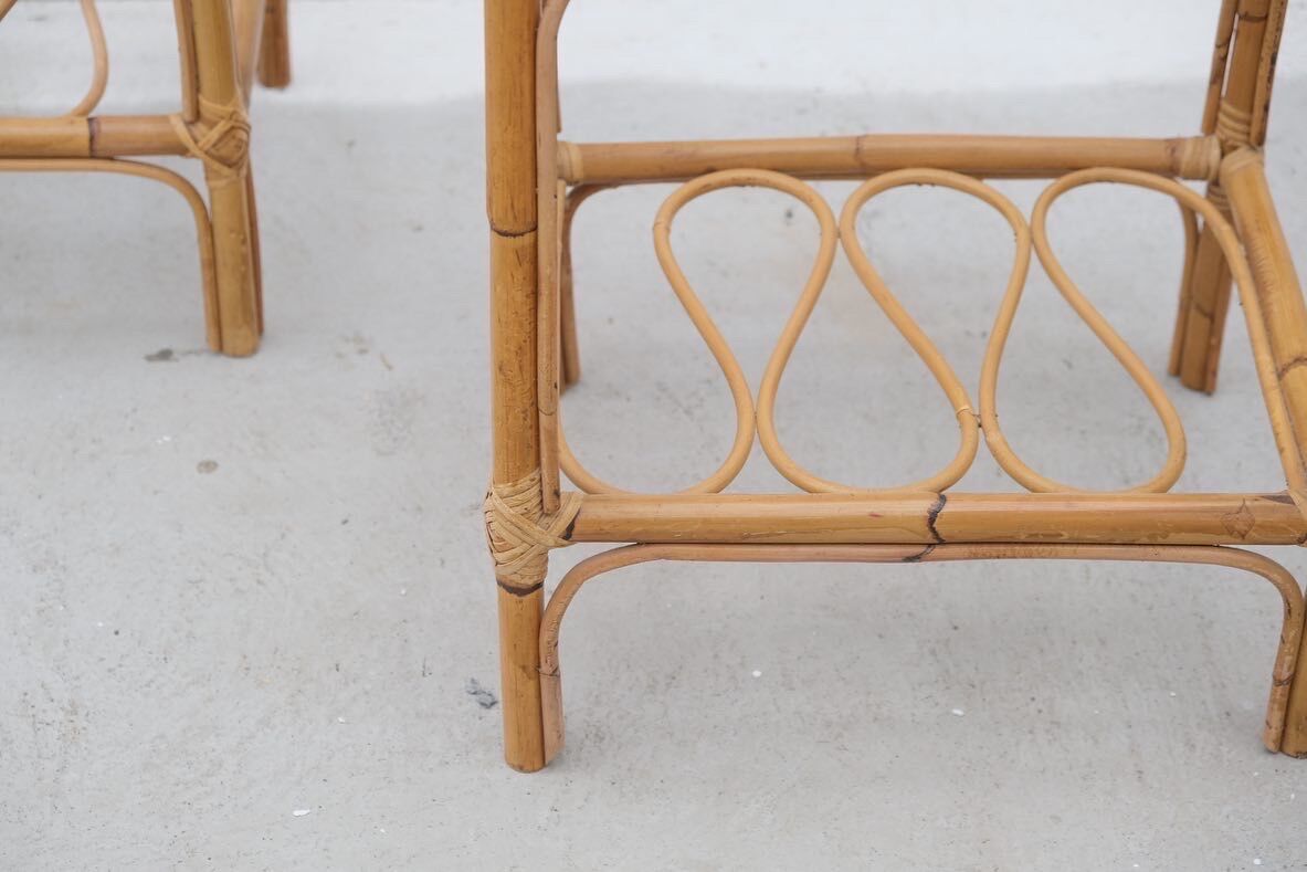 Pair of rattan and glass bedside tables, France 1970