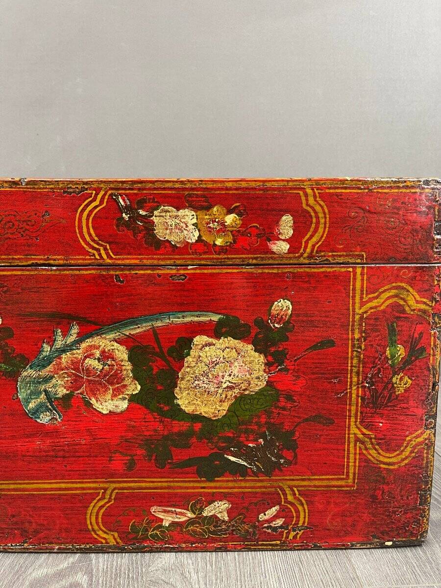 Antique Hand Painted Chest, Floral Decor on Red Background, 19th Century