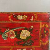 Antique Hand Painted Chest, Floral Decor on Red Background, 19th Century