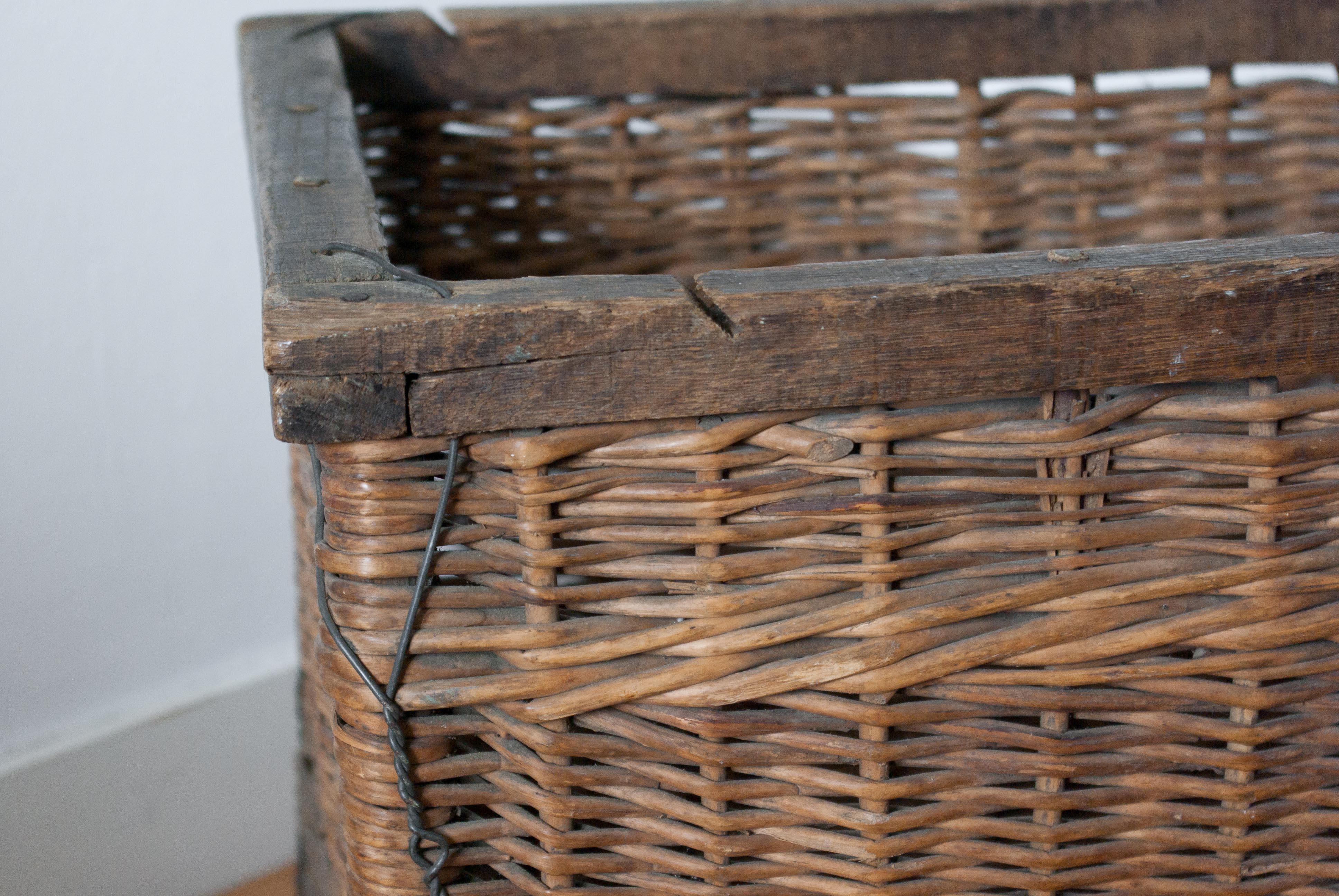 Wicker basket and wood