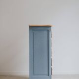 Commode à 5 tiroirs en bois naturel et fond bleu en chêne semi-massif