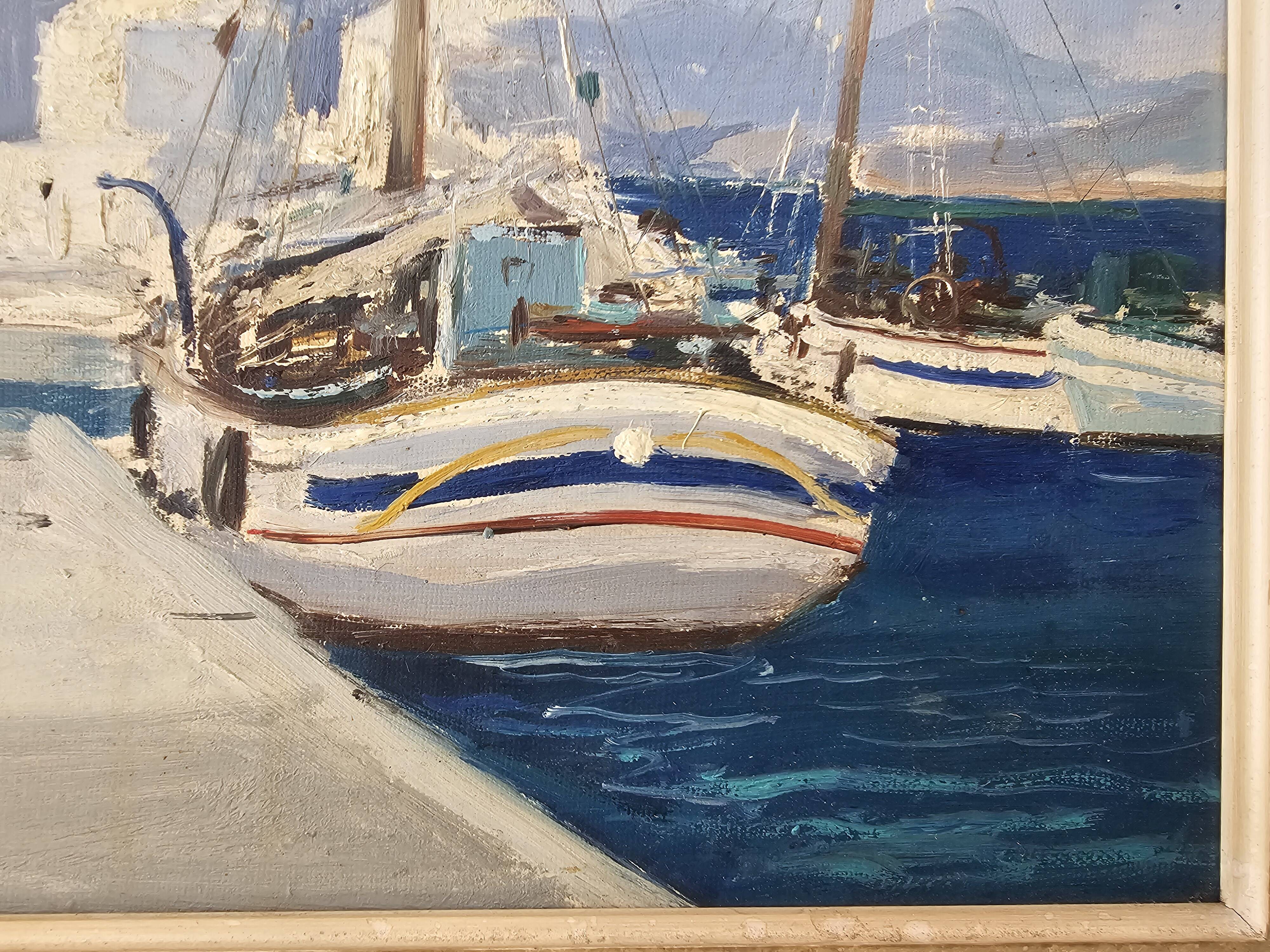 Tableau Huile sur Carton Paysage Grèce Marine - Signé René Marie Dujardin